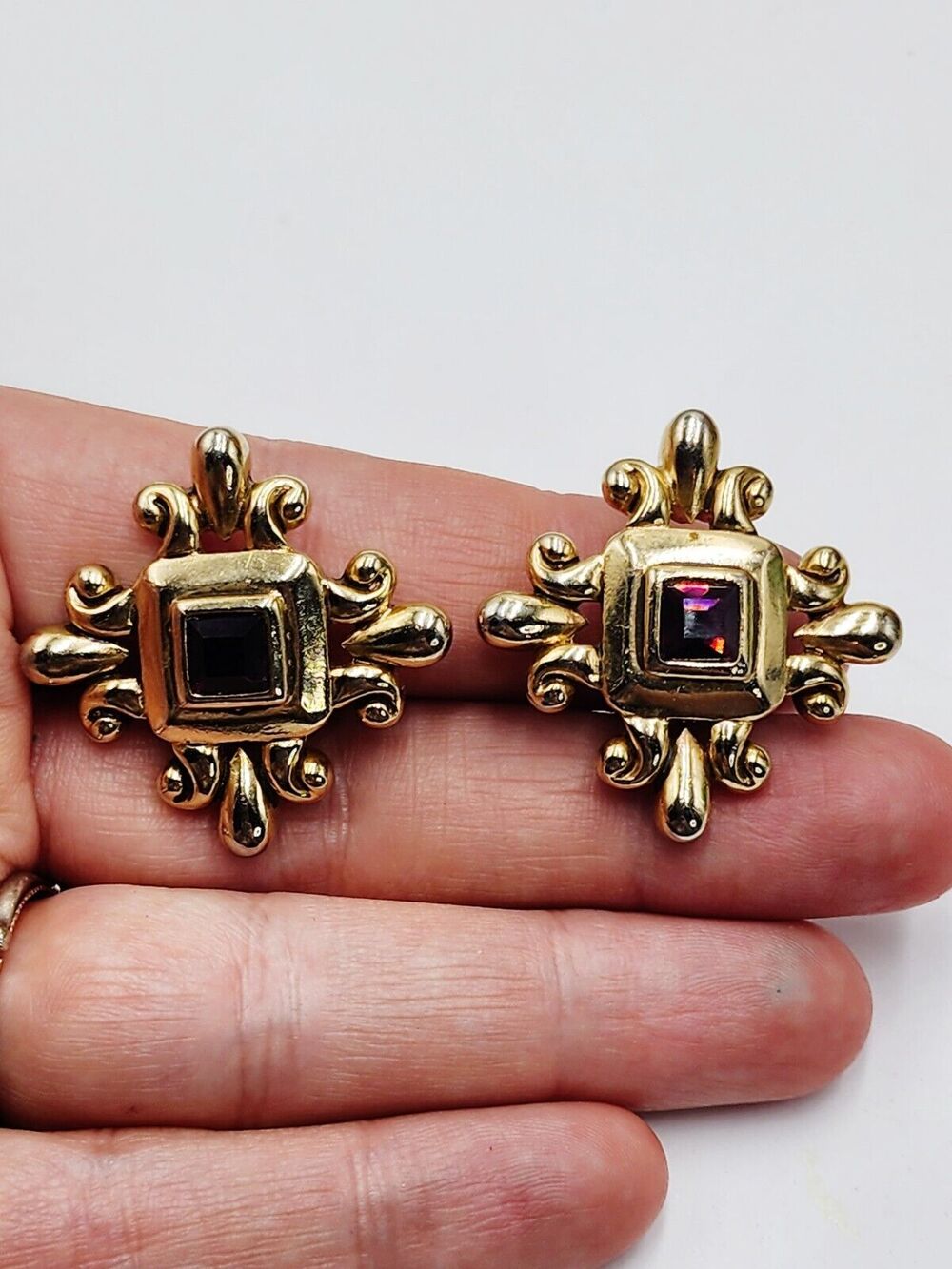Vintage Clip On Purple Glass Gold Tone Cross Gothic Chunky Regal Royal Statement